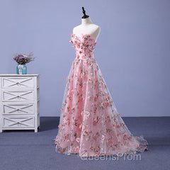 Pink Long A-Line Flowers Evening Dress, Pink Party Dress Evening Prom Dress