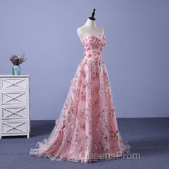 Pink Long A-Line Flowers Evening Dress, Pink Party Dress Evening Prom Dress