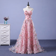 Pink Long A-Line Flowers Evening Dress, Pink Party Dress Evening Prom Dress