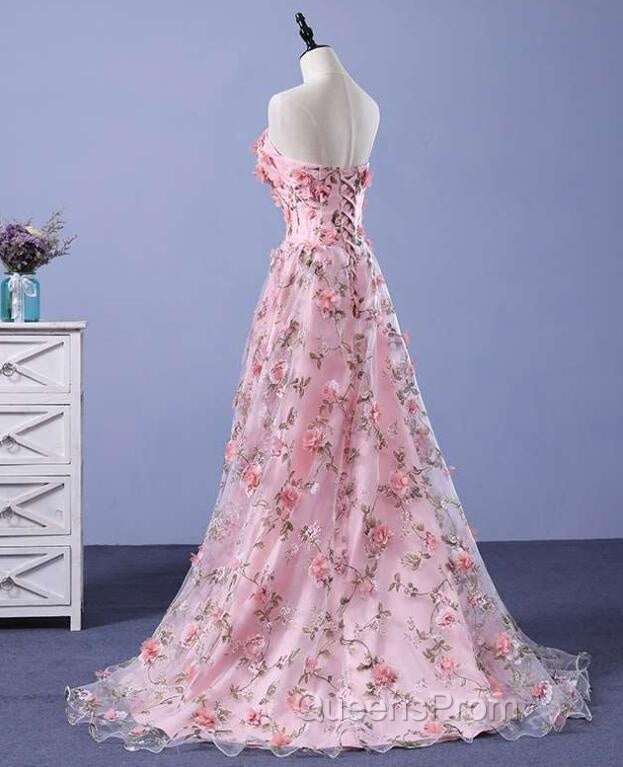 Pink Long A-Line Flowers Evening Dress, Pink Party Dress Evening Prom Dress