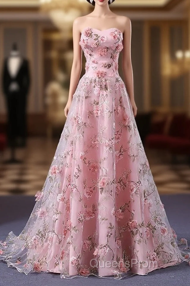 Pink Long A-Line Flowers Evening Dress, Pink Party Dress Evening Prom Dress Main image