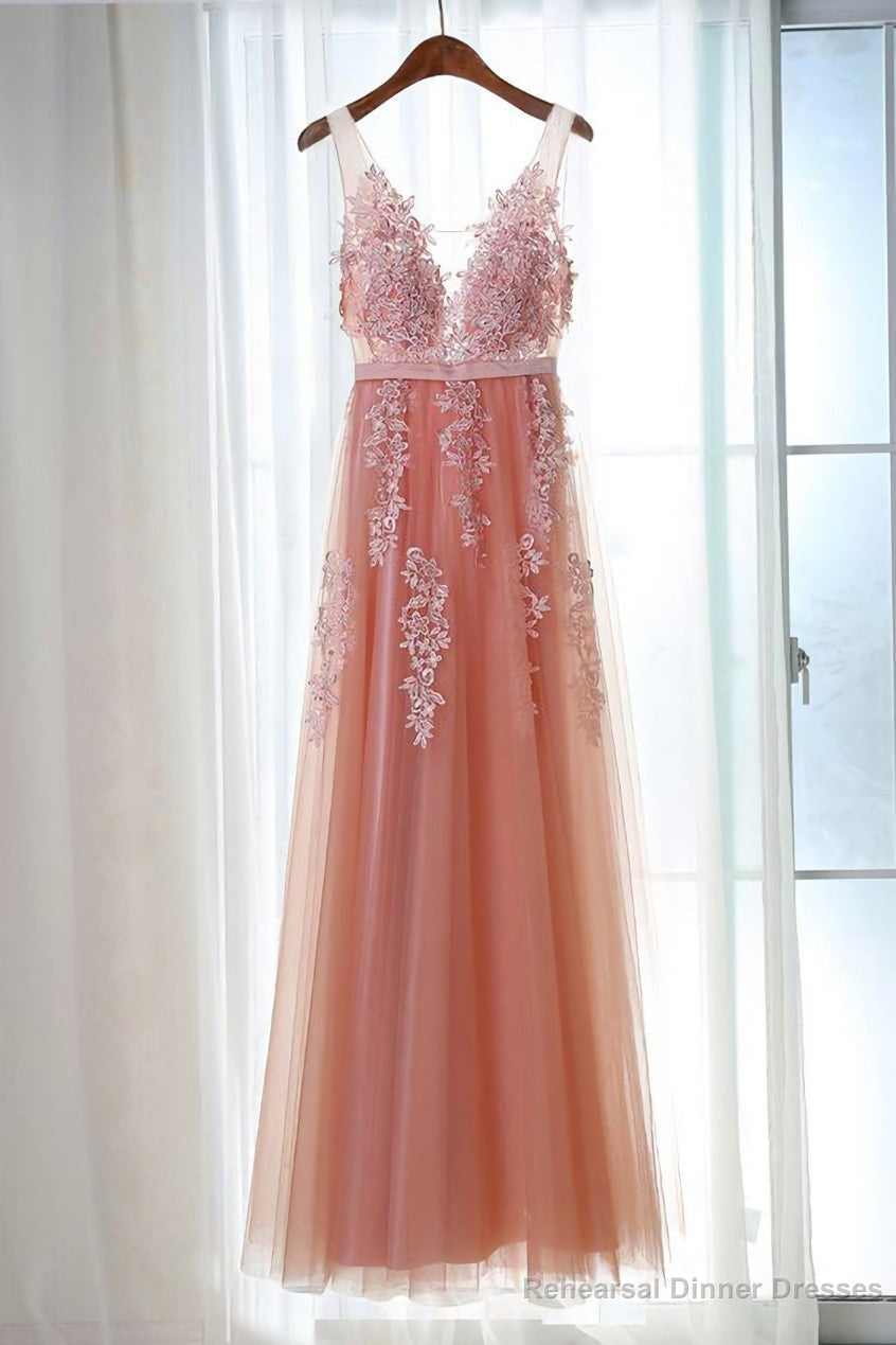 Pink Long New Prom Dress, Party Dress with Lace Applique Main image