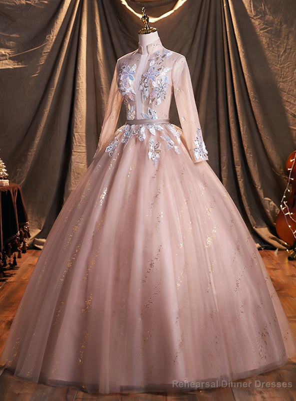 Pink Long Sleeve Appliques Quinceanera Dresses Main image