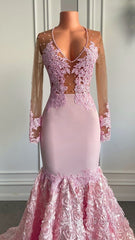 Pink Long Sleeves Lace Evening Prom Dress Mermaid Tulle Evening Formal Gown
