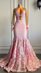 Pink Long Sleeves Lace Evening Prom Dress Mermaid Tulle Evening Formal Gown