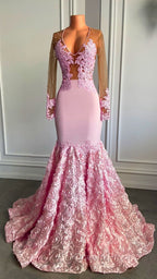 Pink Long Sleeves Lace Evening Prom Dress Mermaid Tulle Evening Formal Gown