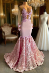 Pink Long Sleeves Lace Evening Prom Dress Mermaid Tulle Evening Formal Gown