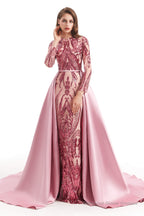 Long Sleeves Mermaid Detachable Train Prom Dresses with Train Sequined