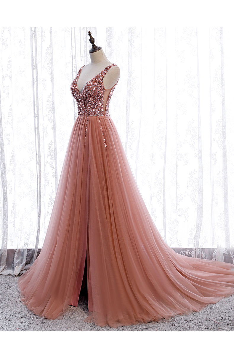 Pink Long Sparkle Beaded Tulle Slit Classy Prom Dress,Pink V-Neckline Classy Evening Gown Secondary image