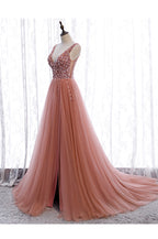 Pink Long Sparkle Beaded Tulle Slit Classy Prom Dress,Pink V-Neckline Classy Evening Gown