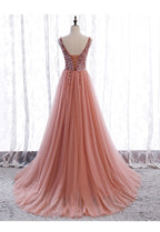 Pink Long Sparkle Beaded Tulle Slit Classy Prom Dress,Pink V-Neckline Classy Evening Gown