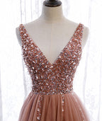 Pink Long Sparkle Beaded Tulle Slit Classy Prom Dress,Pink V-Neckline Classy Evening Gown