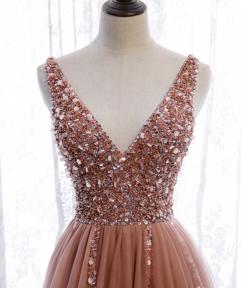 Pink Long Sparkle Beaded Tulle Slit Classy Prom Dress,Pink V-Neckline Classy Evening Gown