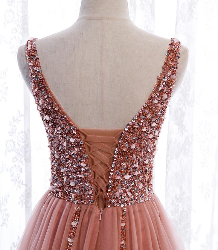 Pink Long Sparkle Beaded Tulle Slit Classy Prom Dress,Pink V-Neckline Classy Evening Gown