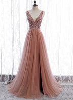 Pink Long Sparkle Beaded Tulle Slit Classy Prom Dress,Pink V-Neckline Classy Evening Gown