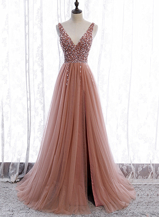 Pink Long Sparkle Beaded Tulle Slit Classy Prom Dress,Pink V-Neckline Classy Evening Gown