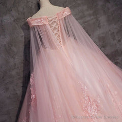 Pink Long Tulle with Lace Applique Ball Gown Sweet 16 Dresses, Pink Formal Dresses