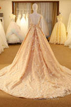 Pink Long Unique Round Neck Tulle Lace Applique Evening Prom Dress