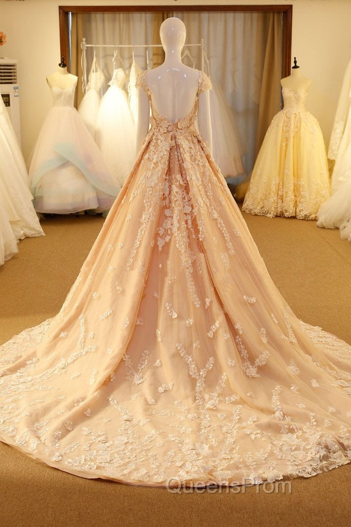 Pink Long Unique Round Neck Tulle Lace Applique Evening Prom Dress