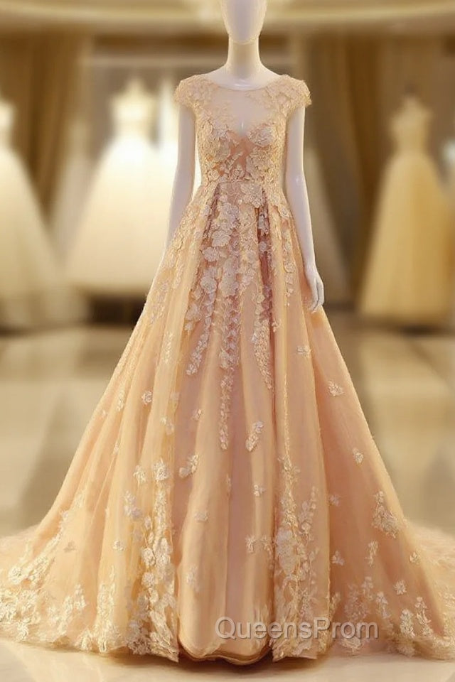Pink Long Unique Round Neck Tulle Lace Applique Evening Prom Dress Main image