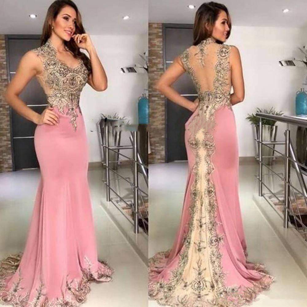 Pink Mermaid Applique Beaded Long Classy Prom Dress Secondary image