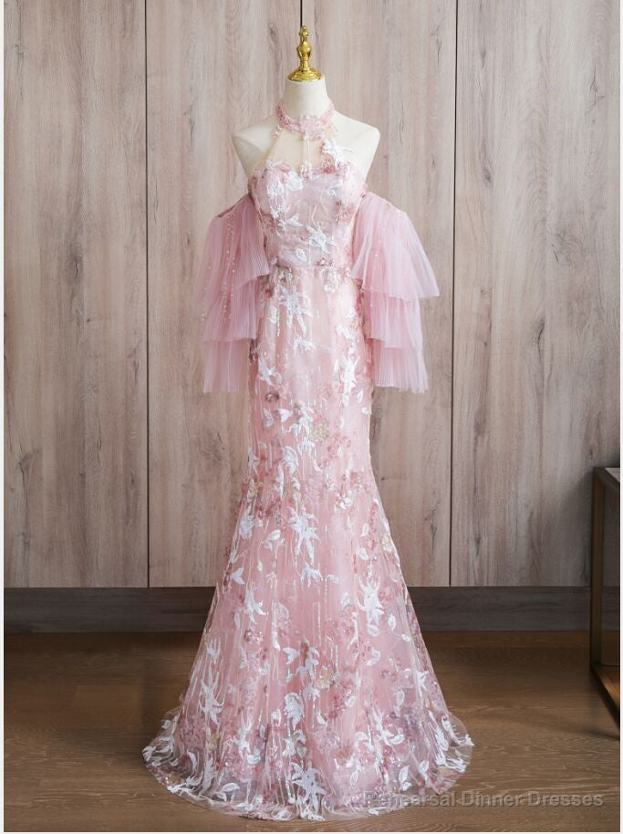Pink Mermaid Lace Halter Prom Dress Main image