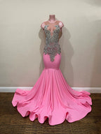Pink Gorgeous Exquisite Beaded Elegant Stunning Mermaid Long Satin Floor Length Train Classy Prom Dress Classy Evening Gown Party Dress