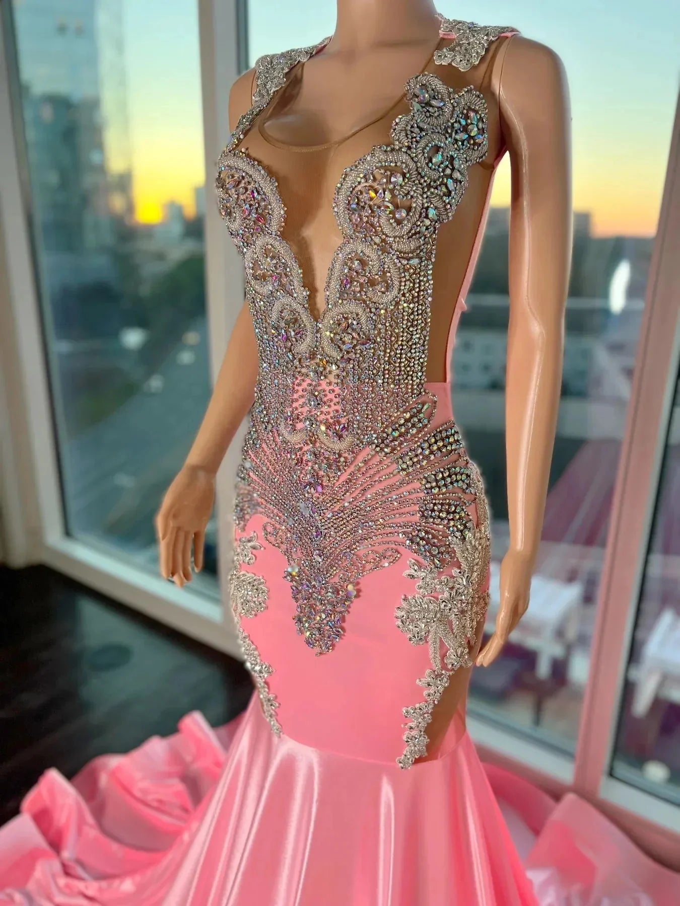 Pink Gorgeous Exquisite Beaded Elegant Stunning Mermaid Long Satin Floor Length Train Classy Prom Dress Classy Evening Gown Party Dress