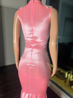 Pink Gorgeous Exquisite Beaded Elegant Stunning Mermaid Long Satin Floor Length Train Classy Prom Dress Classy Evening Gown Party Dress