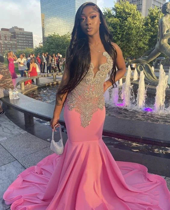 Pink Gorgeous Exquisite Beaded Elegant Stunning Mermaid Long Satin Floor Length Train Classy Prom Dress Classy Evening Gown Party Dress