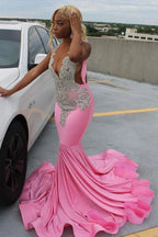 Pink Gorgeous Exquisite Beaded Elegant Stunning Mermaid Long Satin Floor Length Train Classy Prom Dress Classy Evening Gown Party Dress