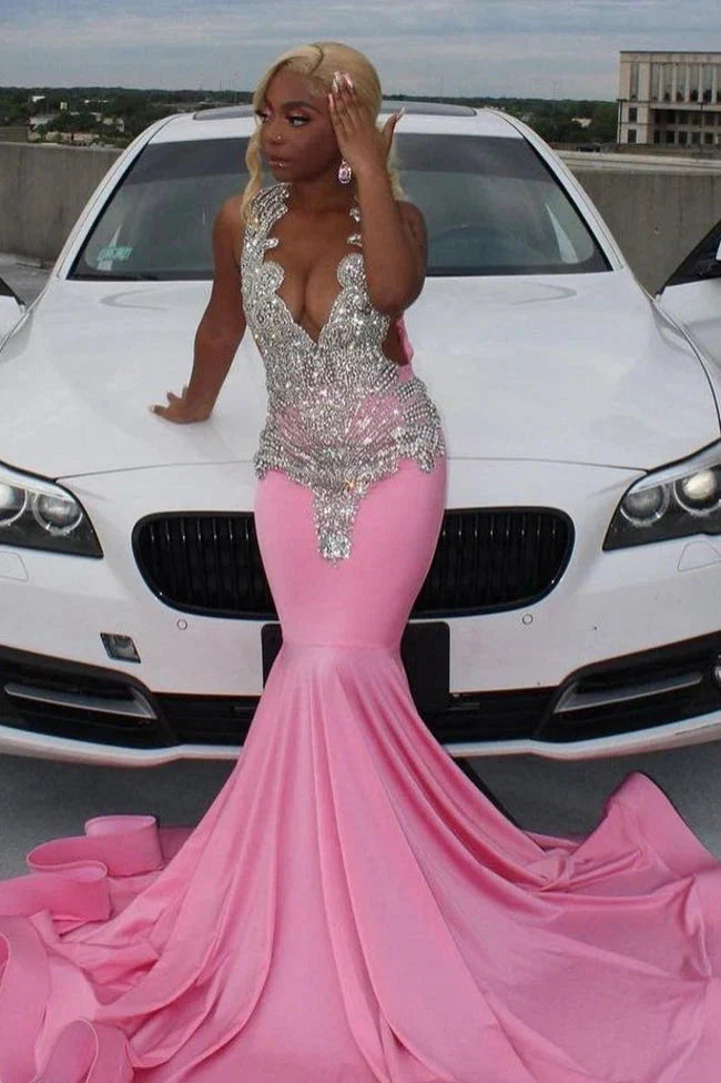 Pink Gorgeous Exquisite Beaded Elegant Stunning Mermaid Long Satin Floor Length Train Classy Prom Dress Classy Evening Gown Party Dress