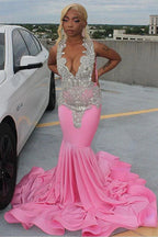 Pink Gorgeous Exquisite Beaded Elegant Stunning Mermaid Long Satin Floor Length Train Classy Prom Dress Classy Evening Gown Party Dress