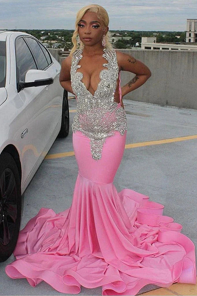 Pink Gorgeous Exquisite Beaded Elegant Stunning Mermaid Long Satin Floor Length Train Classy Prom Dress Classy Evening Gown Party Dress