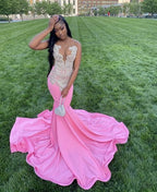 Pink Gorgeous Exquisite Beaded Elegant Stunning Mermaid Long Satin Floor Length Train Classy Prom Dress Classy Evening Gown Party Dress