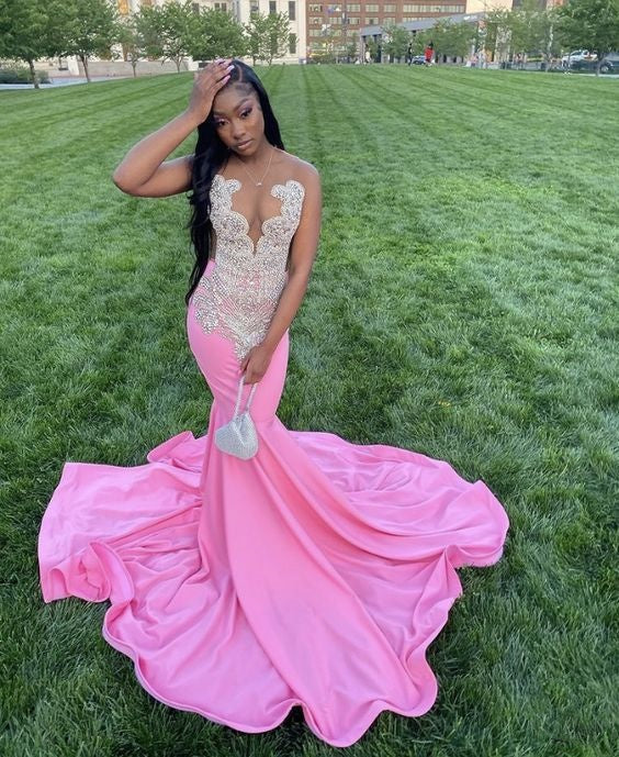 Pink Gorgeous Exquisite Beaded Elegant Stunning Mermaid Long Satin Floor Length Train Classy Prom Dress Classy Evening Gown Party Dress