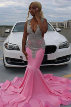 Pink Gorgeous Exquisite Beaded Elegant Stunning Mermaid Long Satin Floor Length Train Classy Prom Dress Classy Evening Gown Party Dress