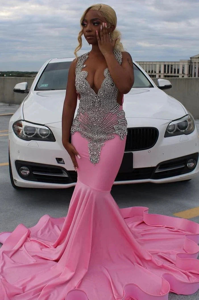 Pink Gorgeous Exquisite Beaded Elegant Stunning Mermaid Long Satin Floor Length Train Classy Prom Dress Classy Evening Gown Party Dress