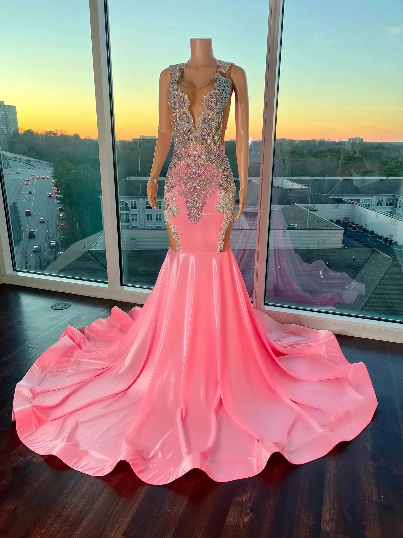 Pink Gorgeous Exquisite Beaded Elegant Stunning Mermaid Long Satin Floor Length Train Classy Prom Dress Classy Evening Gown Party Dress Main image