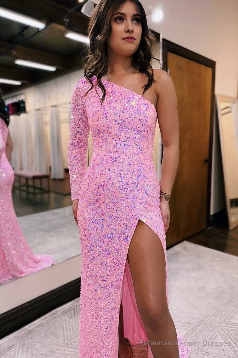 Pink Mermaid One Shoulder Sequins Prom Dress Secondary image
