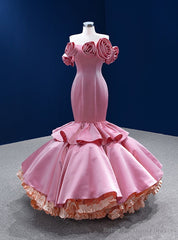 Pink Mermaid Satin Strapless Flower Prom Dress