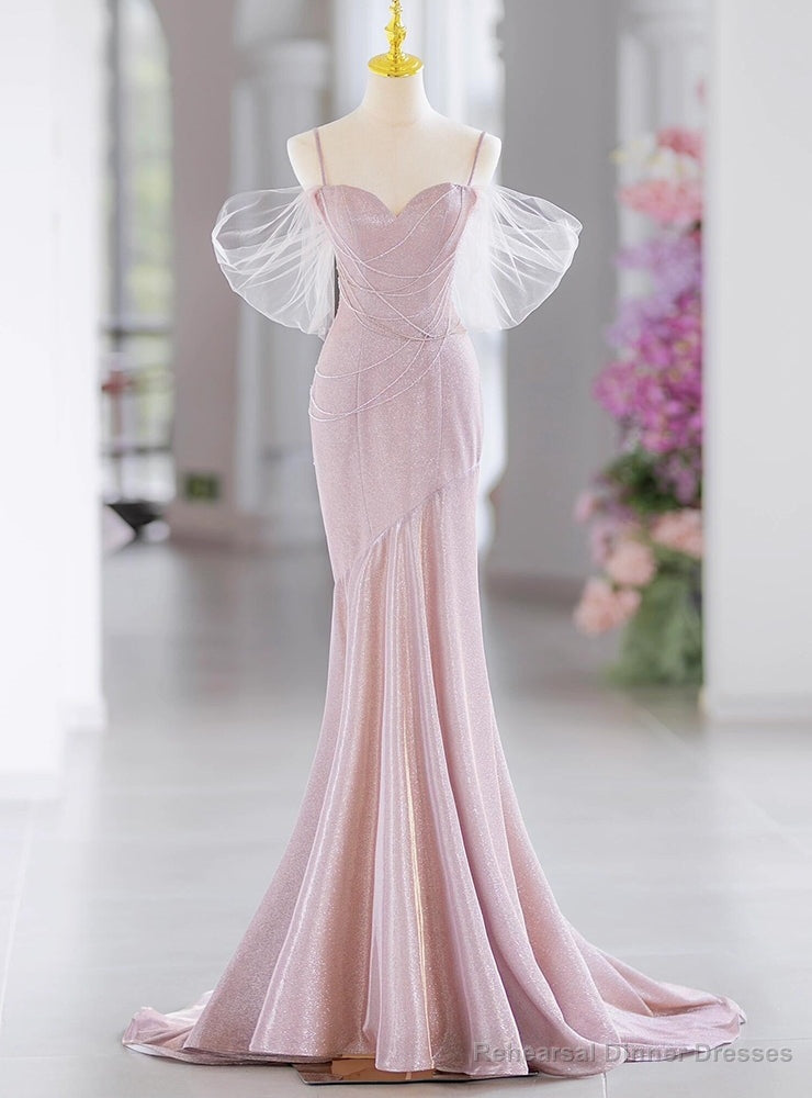 Pink Mermaid Spaghetti Straps Beading Prom Dress Main image