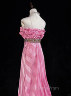 Pink Mermaid Spaghetti Straps Satin Beaded Long Evening Prom Dress Beautiful Bridal Dress