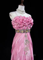 Pink Mermaid Spaghetti Straps Satin Beaded Long Evening Prom Dress Beautiful Bridal Dress