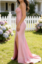 Pink Mermaid Strapless Pleated Corset Long Prom Dress with Slit