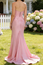 Pink Mermaid Strapless Pleated Corset Long Prom Dress with Slit
