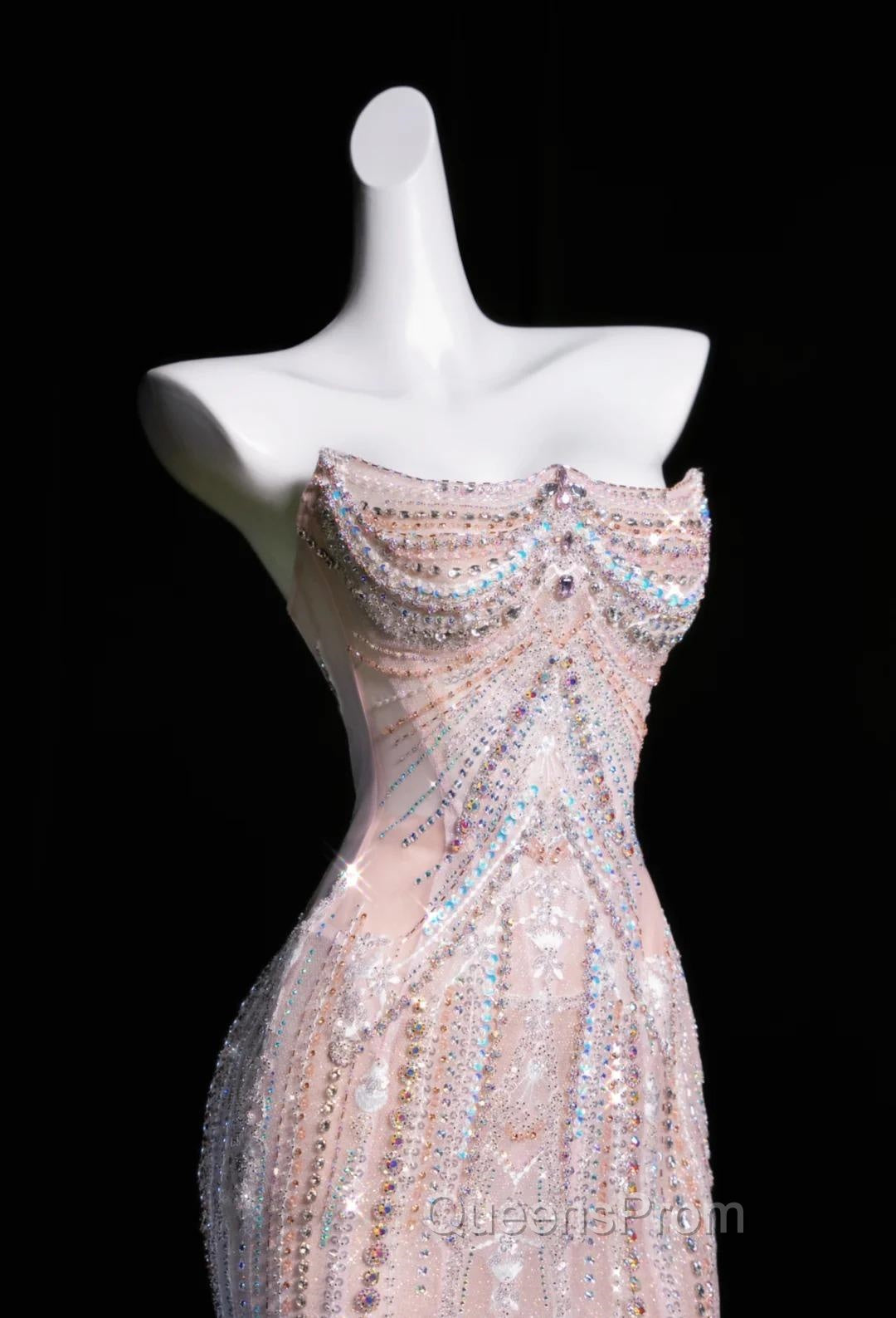 Pink Mermaid Strapless Tulle Diamond Long Evening Prom Dress Sweet Wedding Dress Formal Dress Secondary image