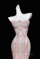 Pink Mermaid Strapless Tulle Diamond Long Evening Prom Dress Sweet Wedding Dress Formal Dress