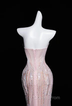 Pink Mermaid Strapless Tulle Diamond Long Evening Prom Dress Sweet Wedding Dress Formal Dress