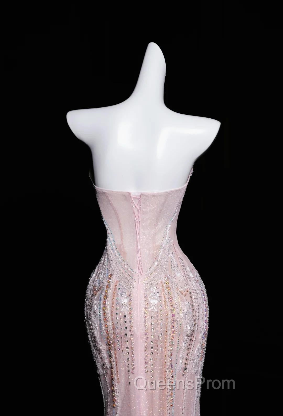 Pink Mermaid Strapless Tulle Diamond Long Evening Prom Dress Sweet Wedding Dress Formal Dress